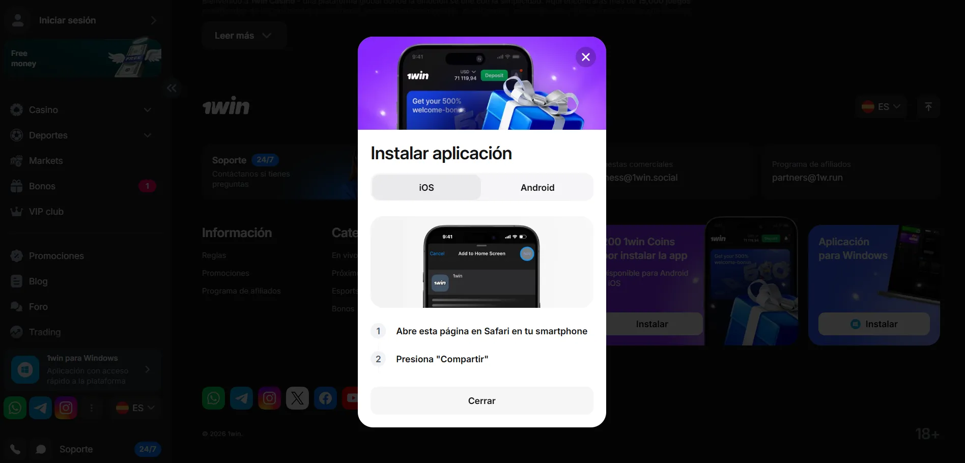 1win app para iOS — iPhone y iPad
